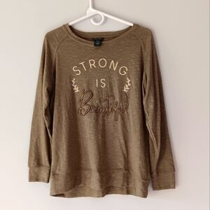 Wild Kiss Long Sleeved T-Shirt Strong is Beautiful Slub Knit Army Green Medium